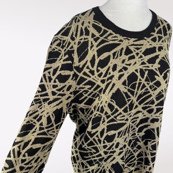 INC Metallic Knit Sweater Black Gold Pullover Crewneck Medium - Picture 7 of 9